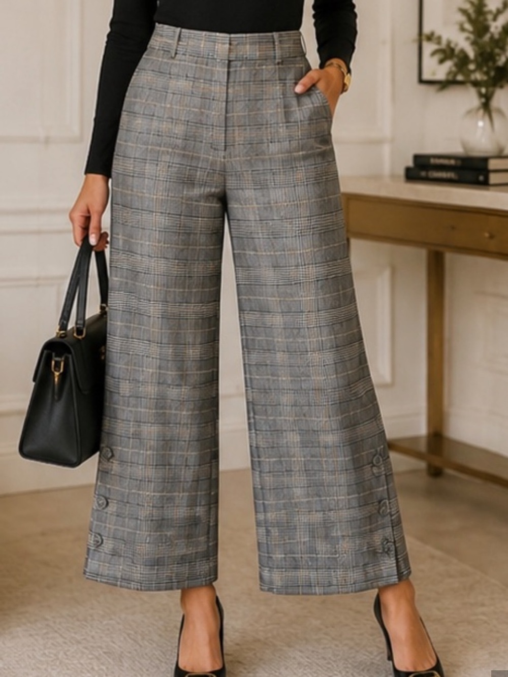 bar III Gray Plaid Wide Leg Pants Button Detail size 2